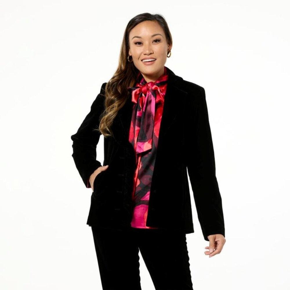 C Wonder by Christian Siriano Casual Velvet Ruffle Blazer Size 2X Black Career